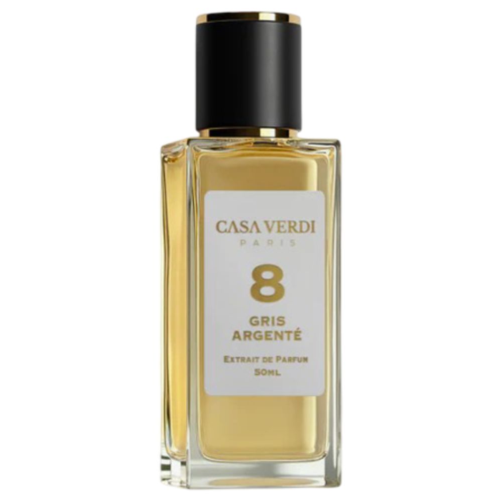 Flacon de parfum avec bouchon noir. Inscription: Casa Verdi Paris, 8 Gris Argenté, Extrait de Parfum, 50ml.