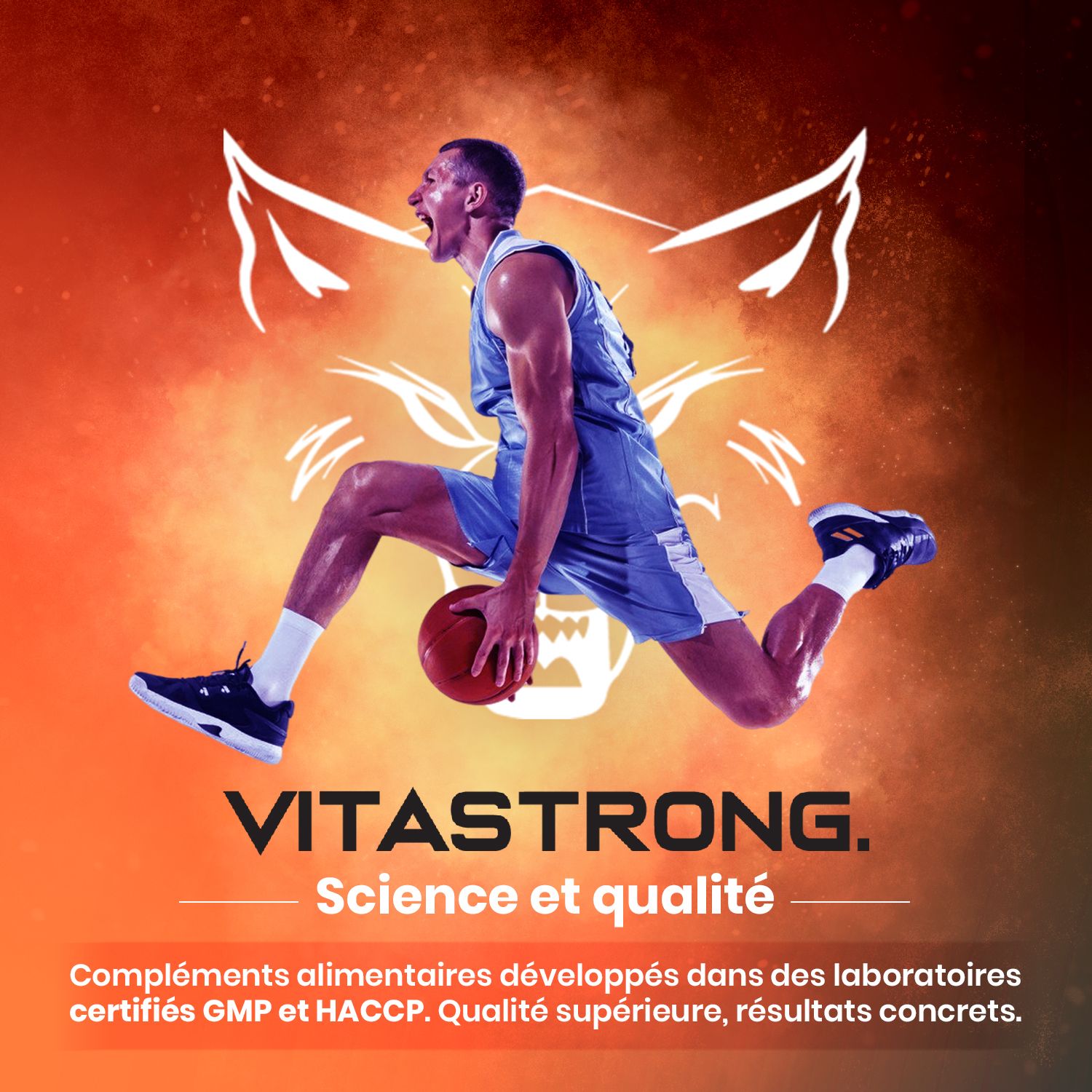 Joueur de basket-ball sautant. Texte : Vitastrong. Texte : Science et qualité. Certifié GMP et HACCP.