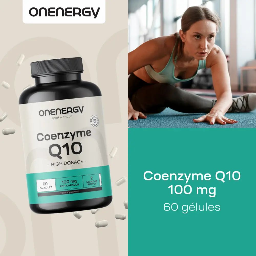 Femme s'étirant. Flacon de gélules. Inscription : OnEnergy, Coenzyme Q10, 100 mg. 60 gélules.
