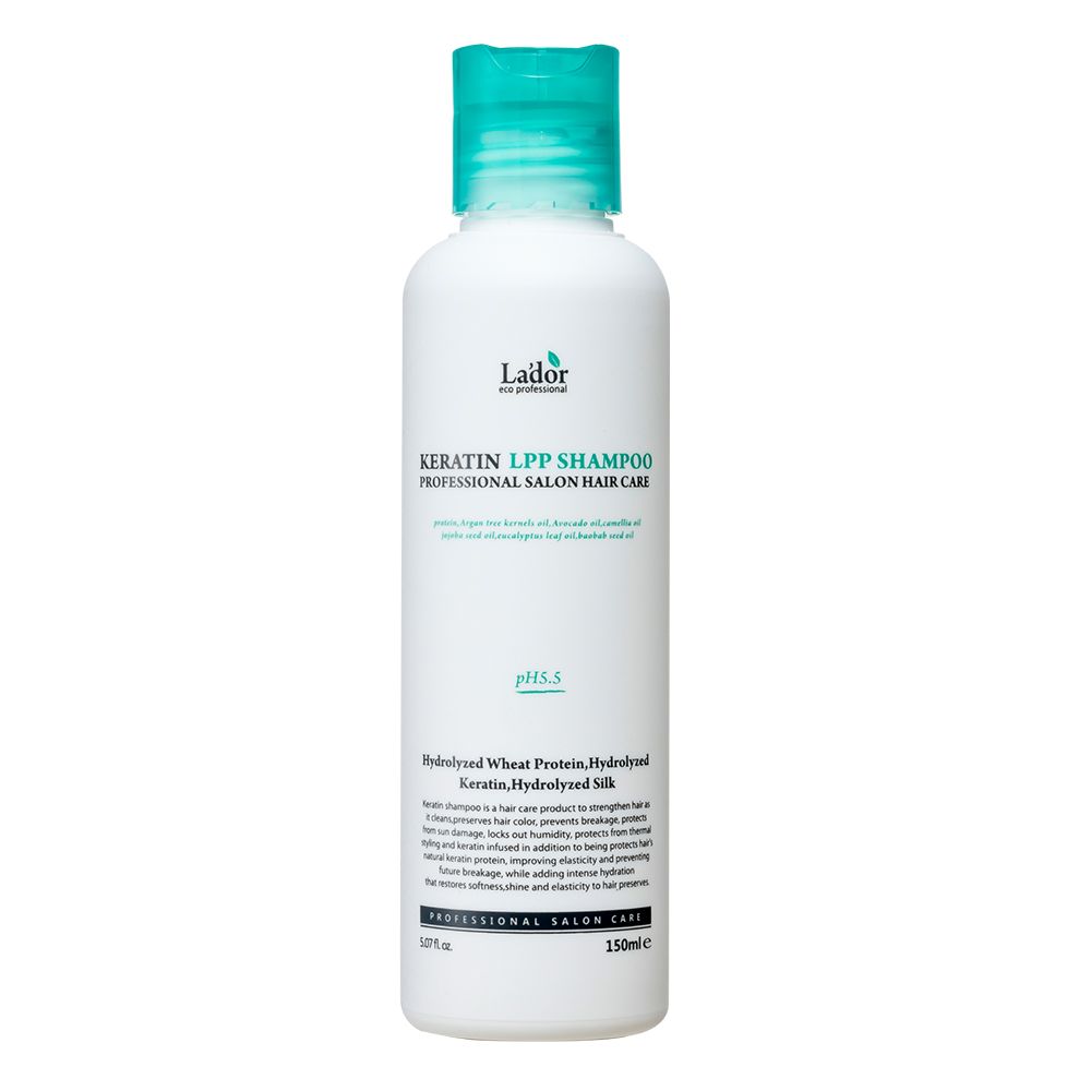 Bouteille blanche avec bouchon turquoise, Shampooing Keratin LPP, soin capillaire professionnel.