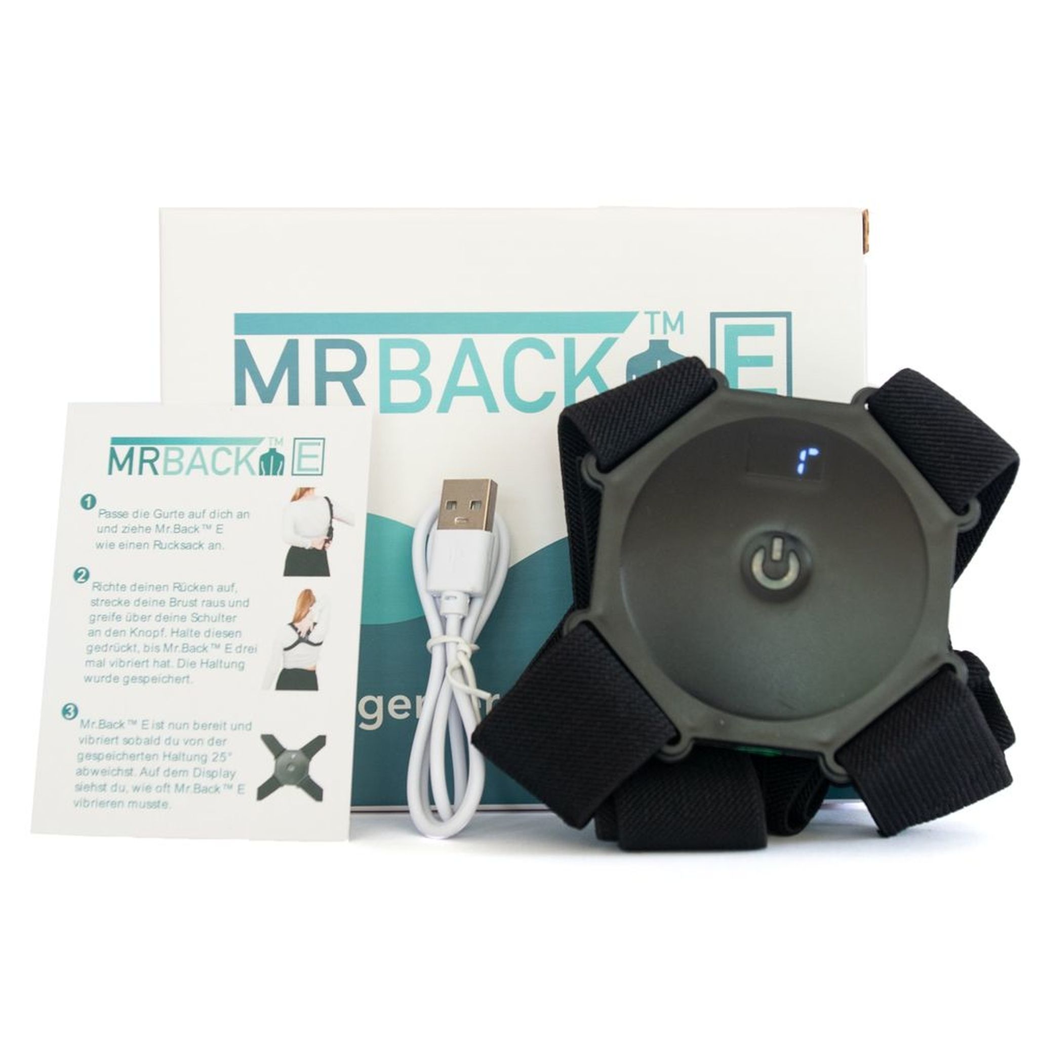 Correcteur de posture avec emballage, manuel et câble USB. Nom du produit: MR.BACK E.