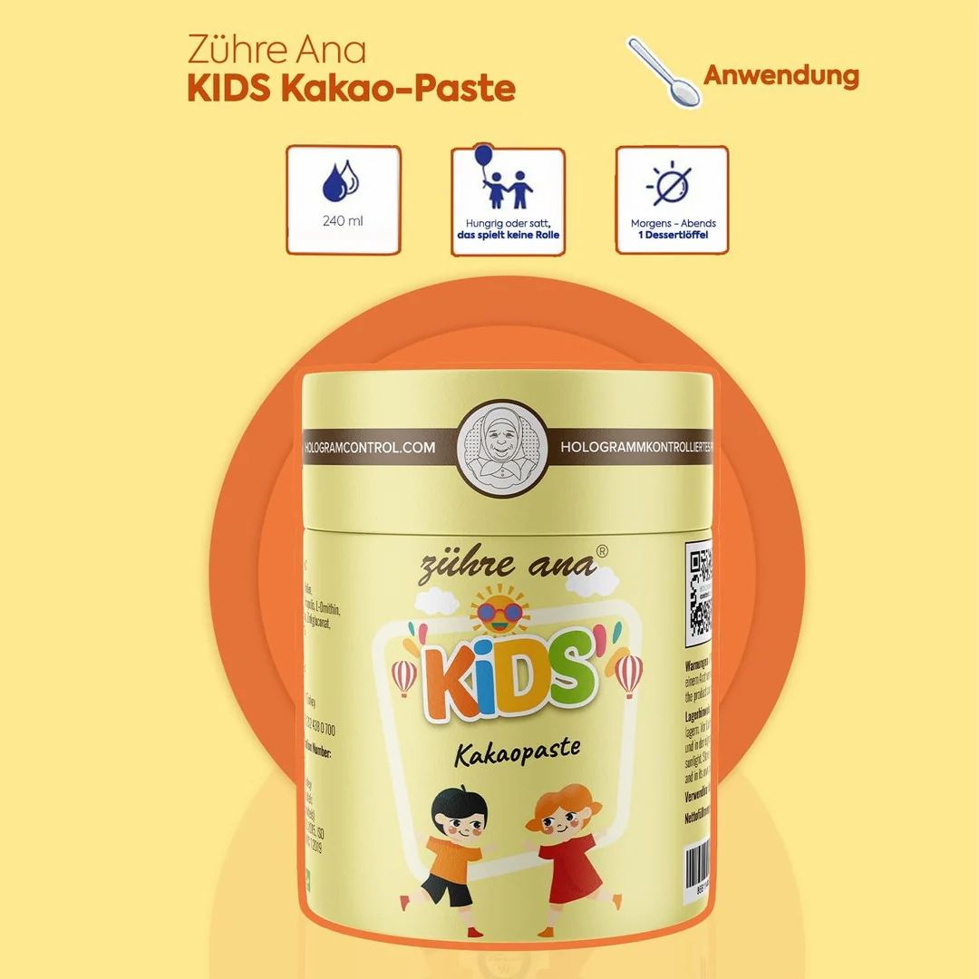 Boîte jaune 'Kids Kakao-Paste' avec instructions d'utilisation. 240 ml, peut être pris sans faim, 1 cuillère.