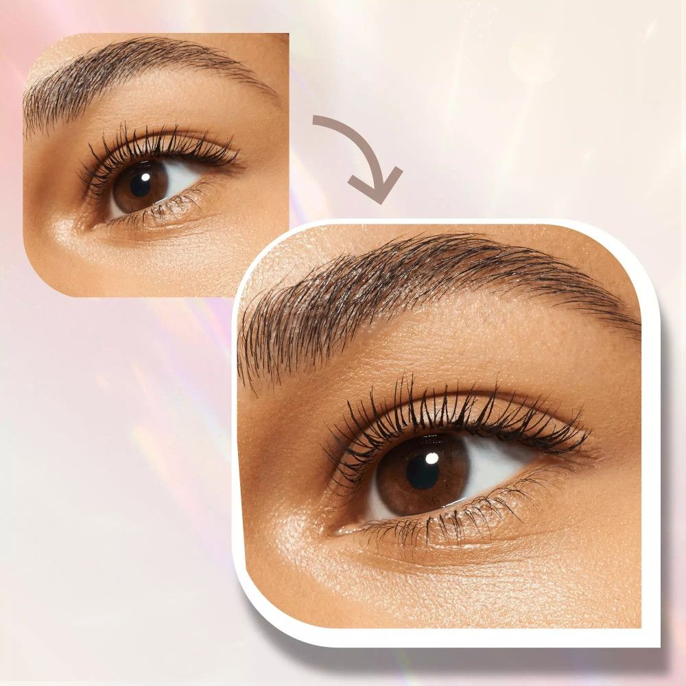 Avant-après. Œil avec cils et sourcils. Flèche indiquant le changement. Teint de peau.