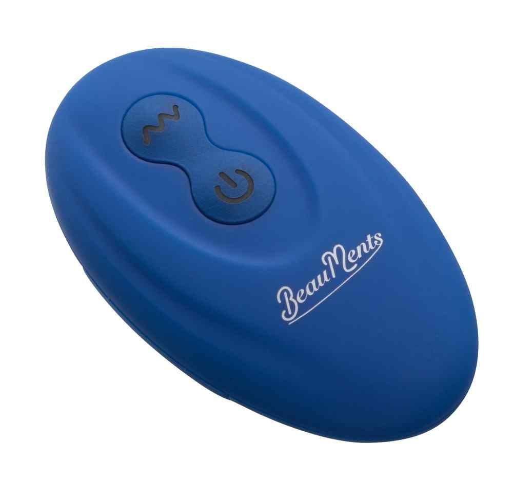 Télécommande ovale bleue avec deux boutons. Marque BeauMents. Symboles d'onde et d'alimentation.