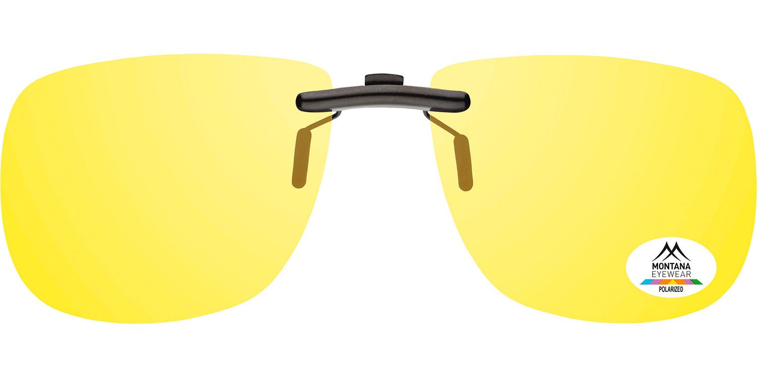 Clip-on avec verres jaunes. Monture noire. Logo Montana Eyewear et indication de polarisation.