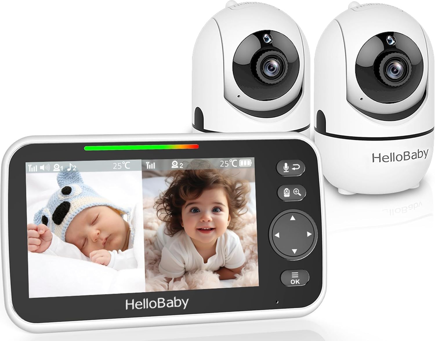 Set babyphone avec deux caméras et un écran 5 pouces. Affiche deux bébés simultanément.