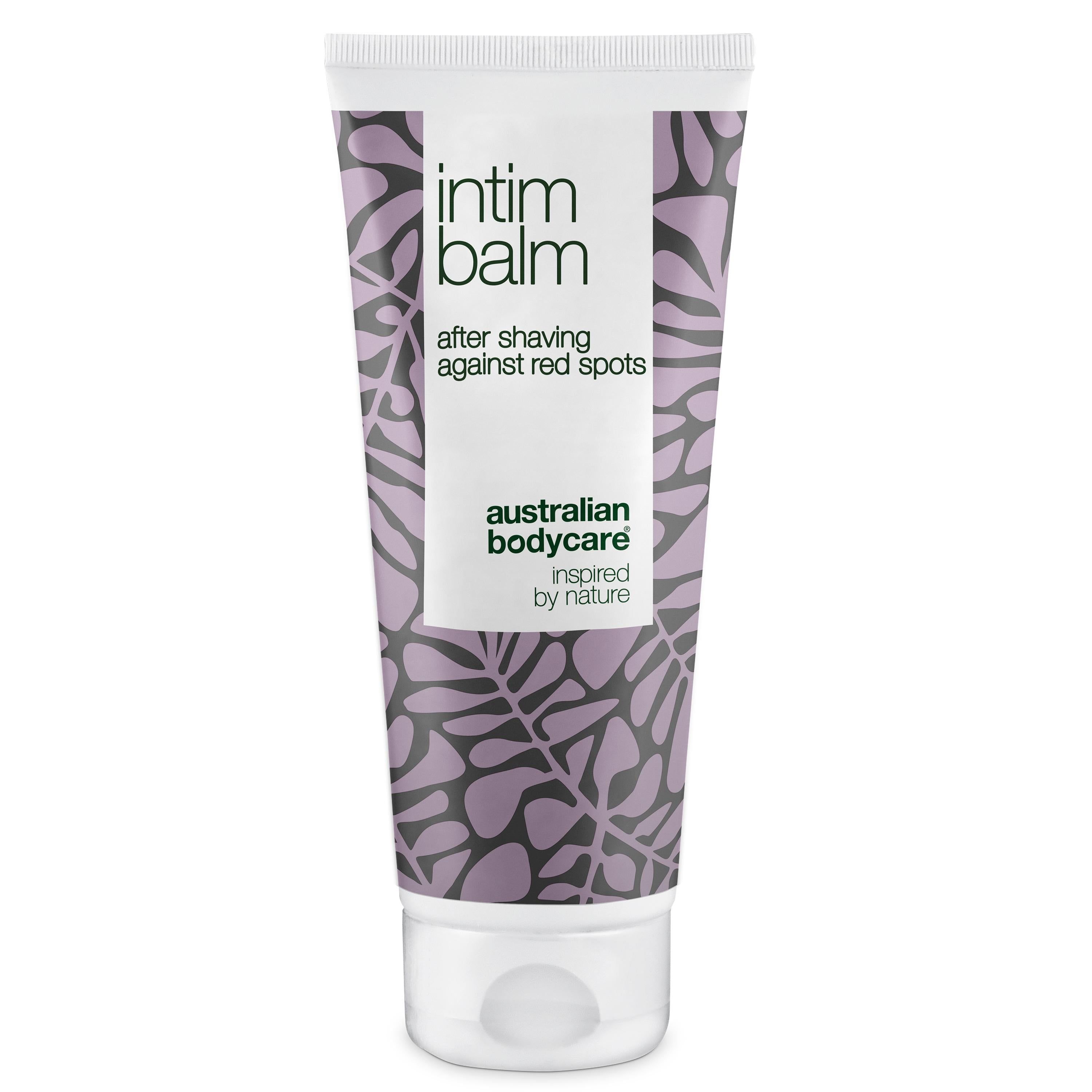 Tube de baume intime. Blanc, motif violet. Texte: Intim Balm, Australian Bodycare.