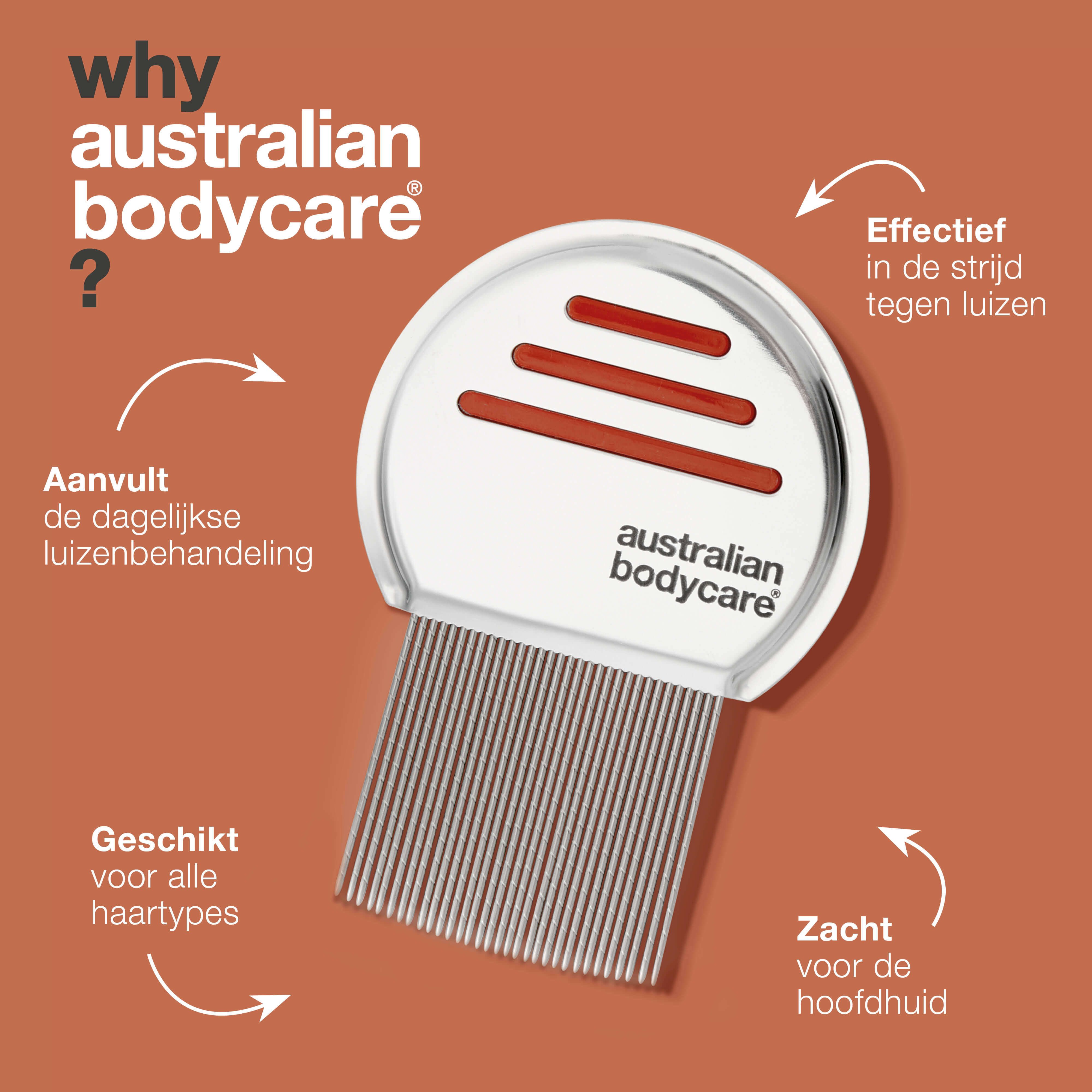 Luizenkam met tekst: Australian Bodycare. Tekst: Waarom Australian Bodycare? Geschikt voor alle haartypes.