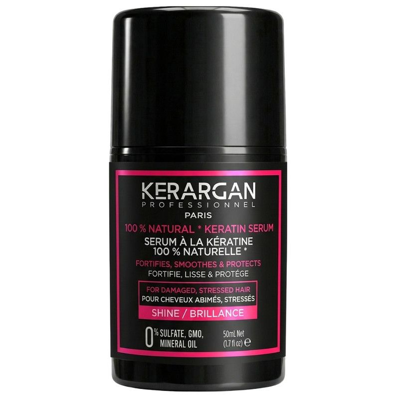 Flacon noir avec étiquette rose. Texte: Kerargan, sérum à la kératine, 100% naturel. Pour cheveux abîmés. 50ml.