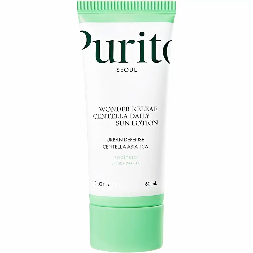 Witte tube met groene dop. Opschrift: Purito, Wonder Releaf Centella Daily Sun Lotion. 60 ml.