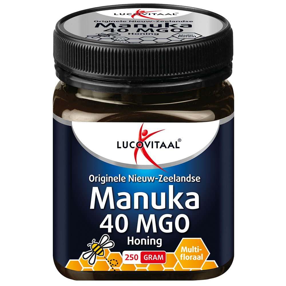 Pot de miel de Manuka 40 MGO. Couvercle noir, étiquette bleue avec informations et logo.