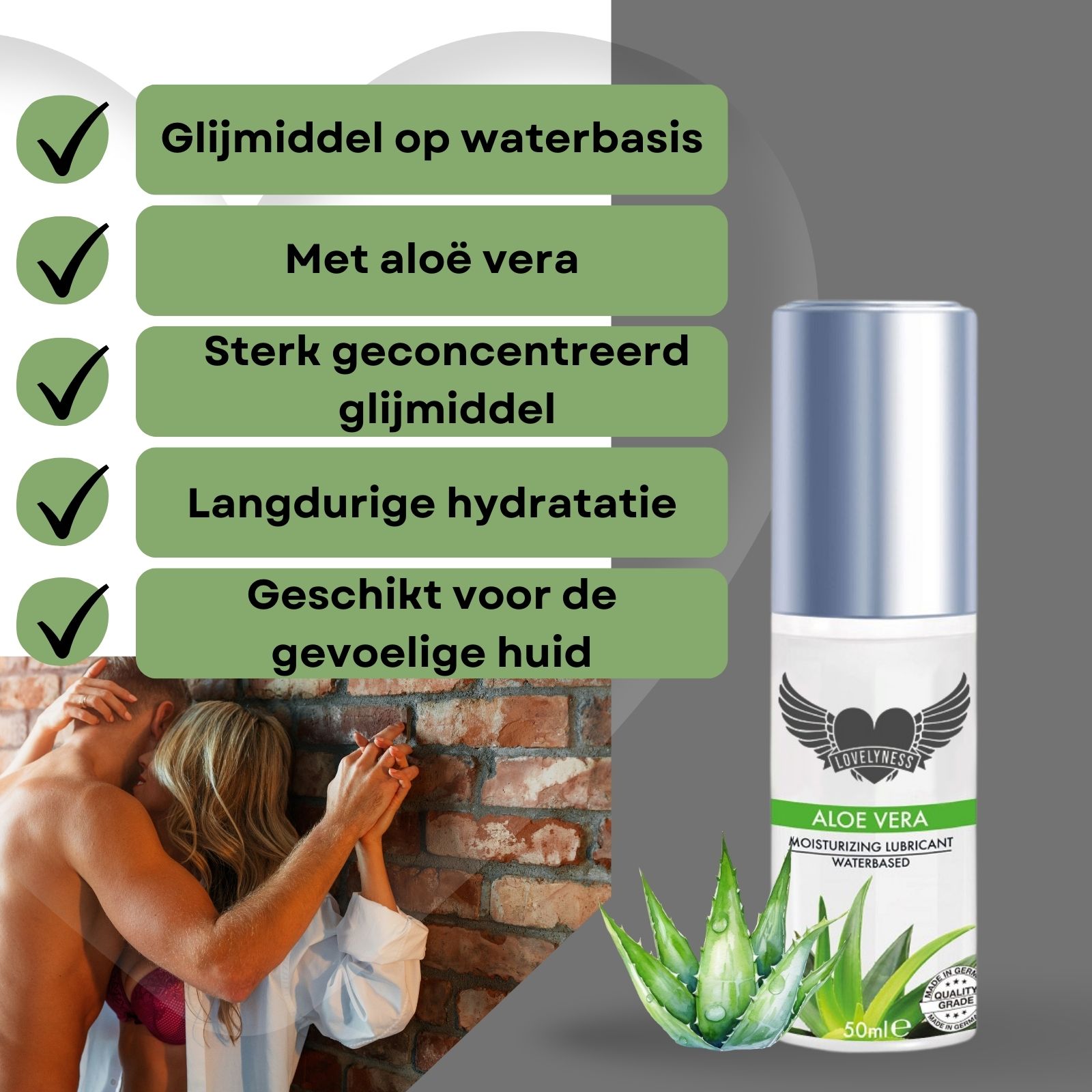 Glijmiddel fles met tekst. Aloe Vera, Moisturizing Lubricant, Waterbased. Koppel raakt elkaar aan. Tekst: Glijmiddel op waterbasis, met aloë vera.