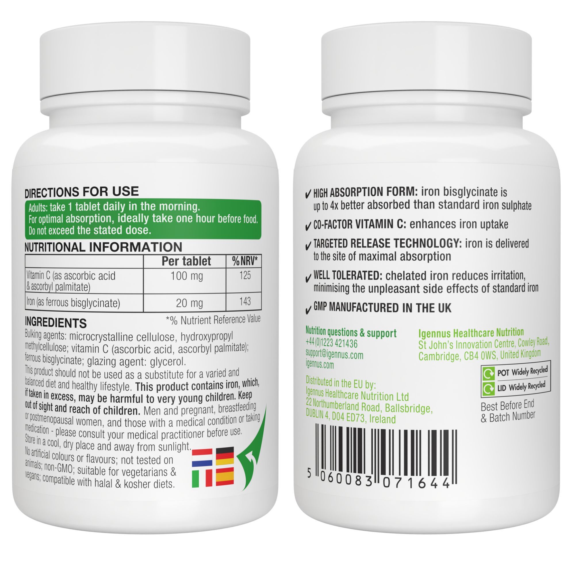 Voor- en achterkant van de Igennus Iron Bisglycinate fles met details en barcode.
