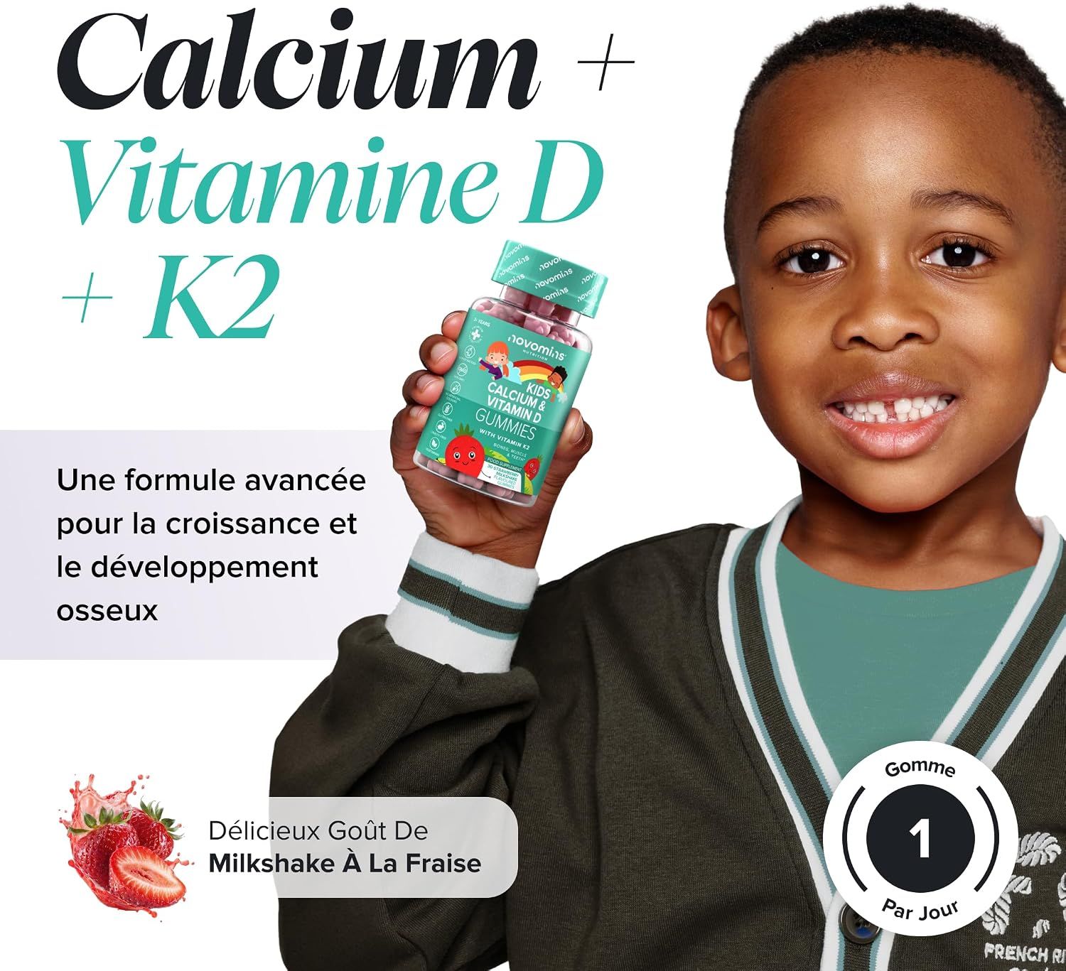 Enfant tenant une bouteille de gommes Novomins Kids Calcium & Vitamine D. Formule pour la croissance osseuse.