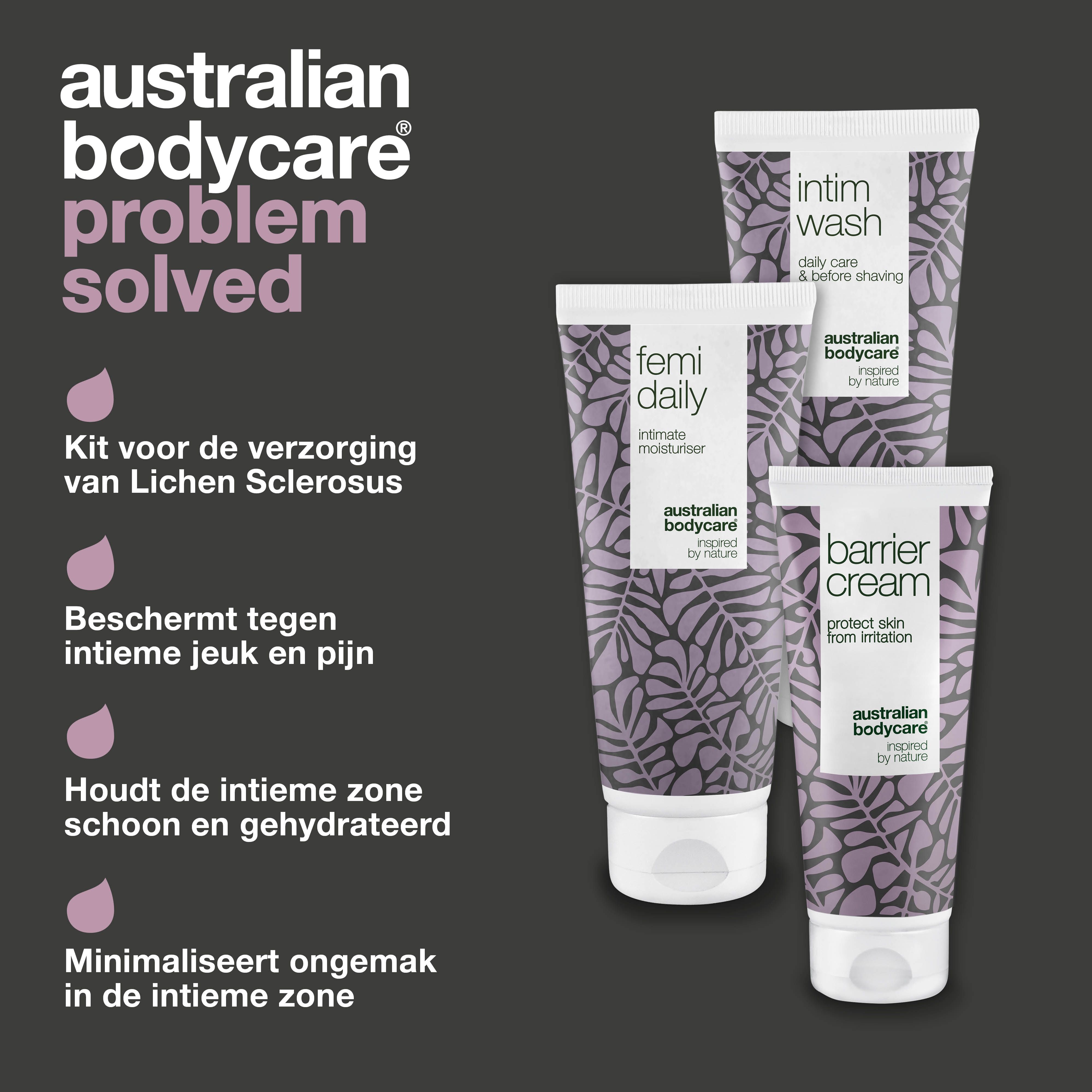Drie tubes: Intim Wash, Femi Daily, Barrier Cream. Tekst: Probleem opgelost. Merk: Australian Bodycare.