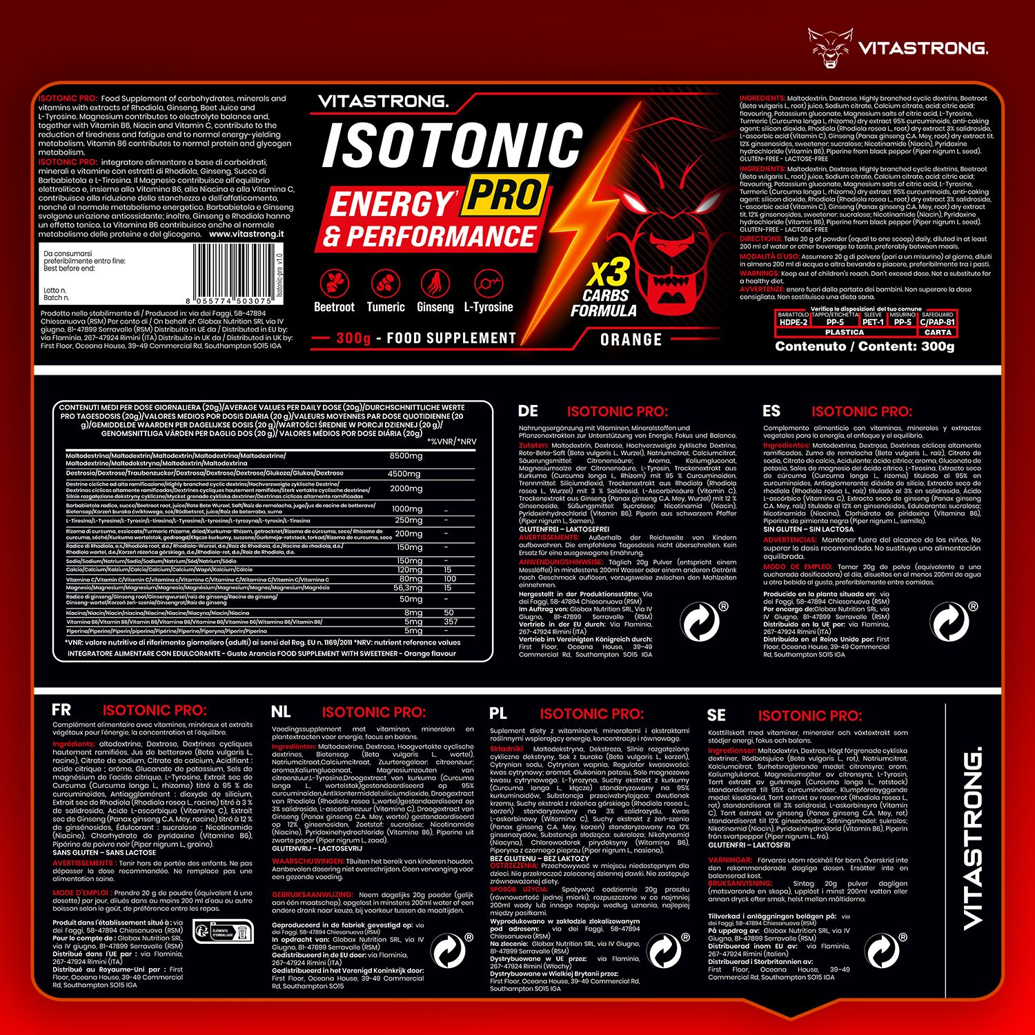 Achterkant van de pot Vitastrong Isotonic PRO. Tekst: Ingrediënten, voedingswaarde, gebruiksaanwijzing. Meerdere talen.