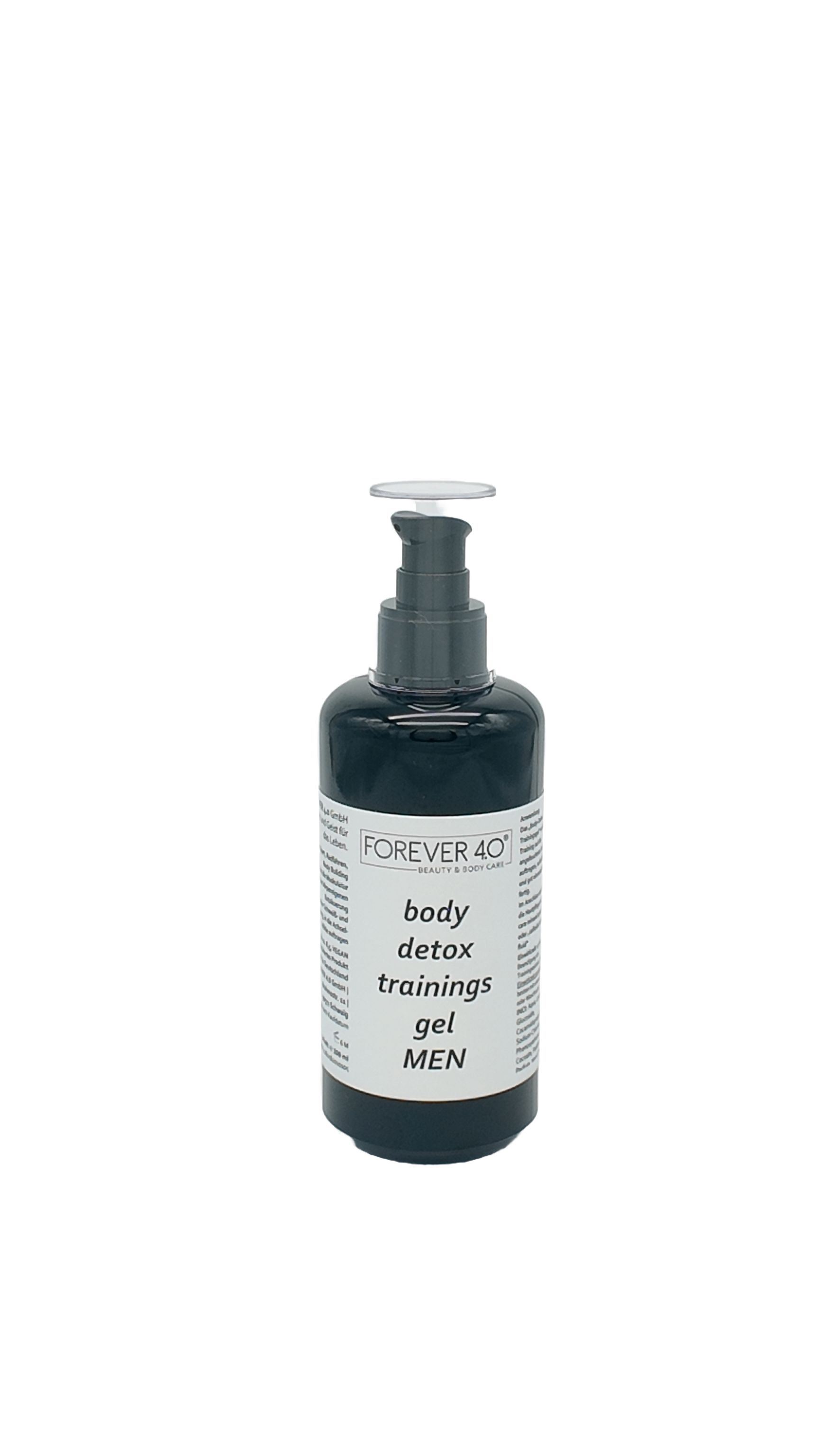 Donkere fles met pomp. Label met "FOREVER 40" en "body detox trainings gel MEN".