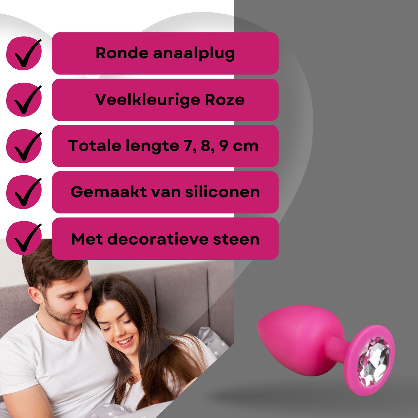 Easytoys - Anale plug van roze siliconen met decoratieve steen - SET