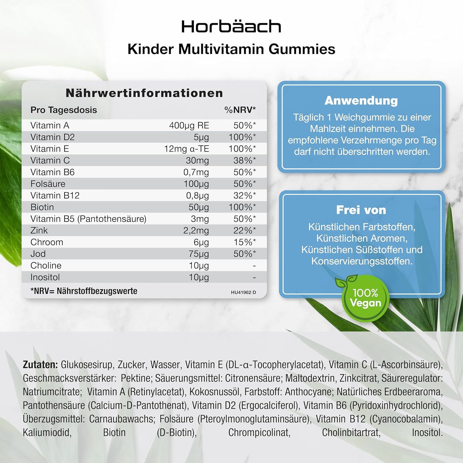 Informations nutritionnelles et instructions d'utilisation pour Horbaach Kinder Multivitamin Gummies. 100% vegan.