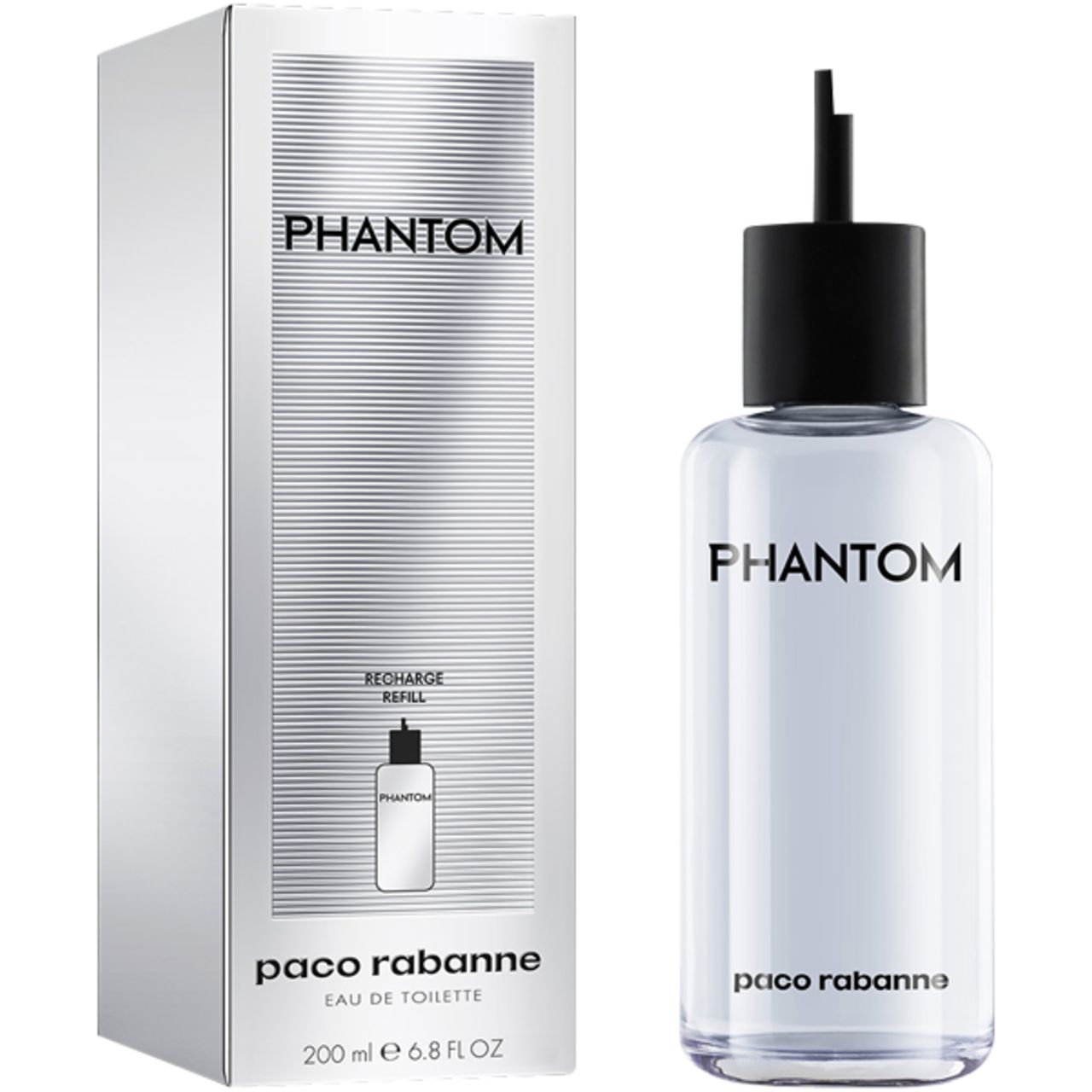 Boîte blanche et flacon bleu clair avec bouchon noir. Inscription Phantom et Paco Rabanne Eau de Toilette.