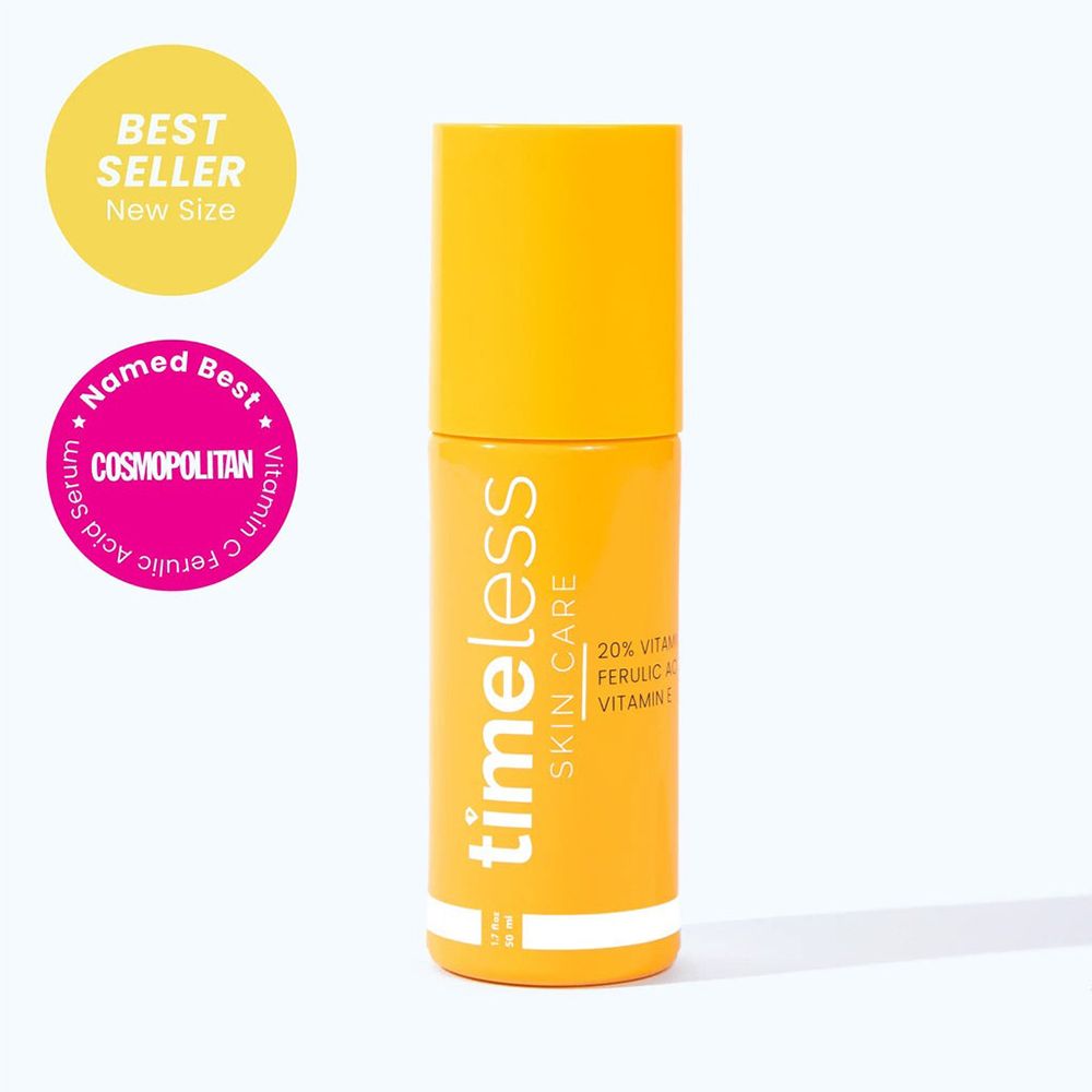 Gele fles met wit etiket. Opschrift: timeless skin care. Bevat 20% vitamine C, ferulazuur, vitamine E. Met onderscheidingen.