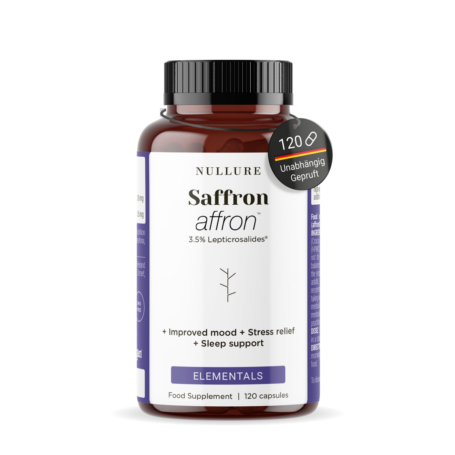 Bouteille de gélules Nullure Saffron, 120 pièces, avec sceau 'Testé indépendamment'.