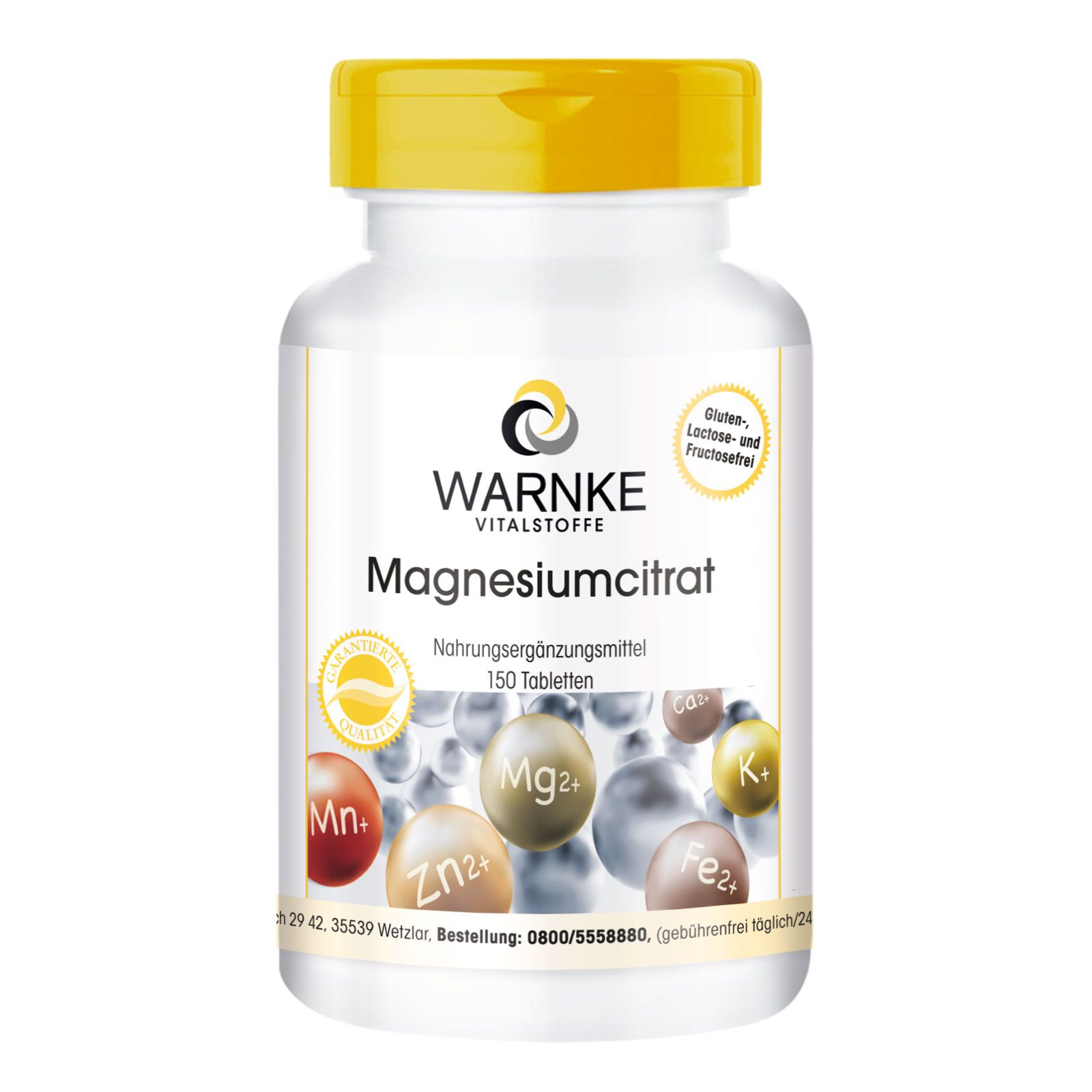 Flacon blanc à bouchon jaune. Inscription: Warnke Vitalstoffe Magnesiumcitrat. 150 comprimés. Avec certifications.