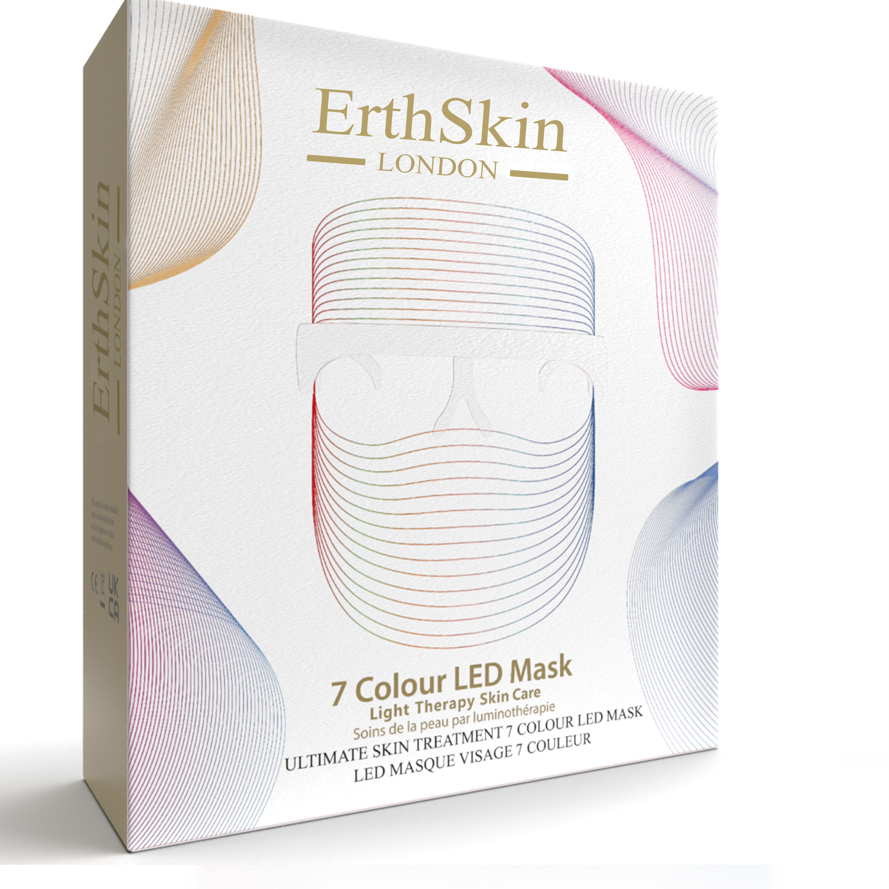 Emballage avec masque LED. Inscription: ErthSkin London, 7 Colour LED Mask. Masque représenté en perspective.