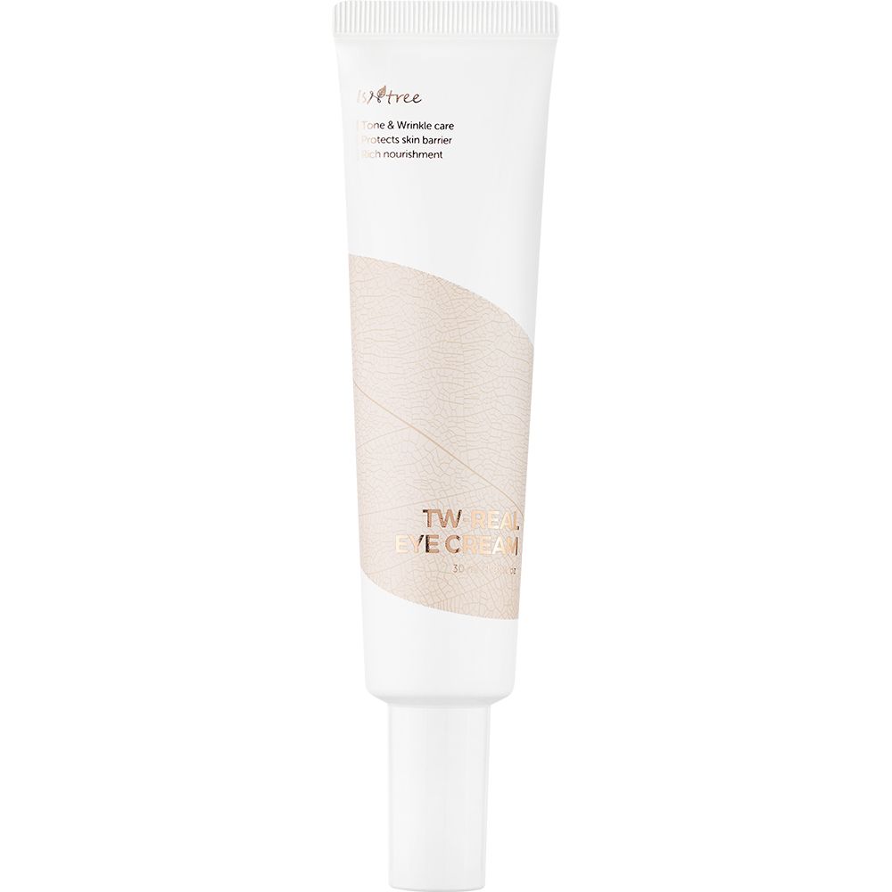Witte tube met opschrift TW REAL EYE CREAM. Beige streep. Merk Isntree. Oogverzorging.