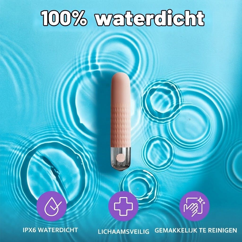 Een roze vibrator met geribbelde textuur en zilveren ring aan de onderkant, op een blauwe achtergrond met watereffecten.