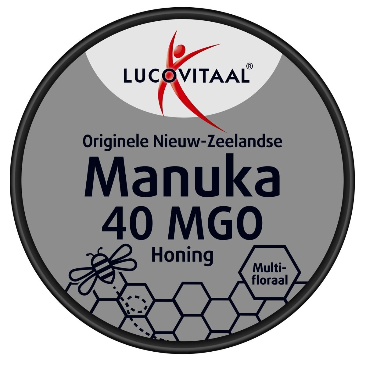 Couvercle d'un pot de miel avec logo et nom du produit Manuka 40 MGO.