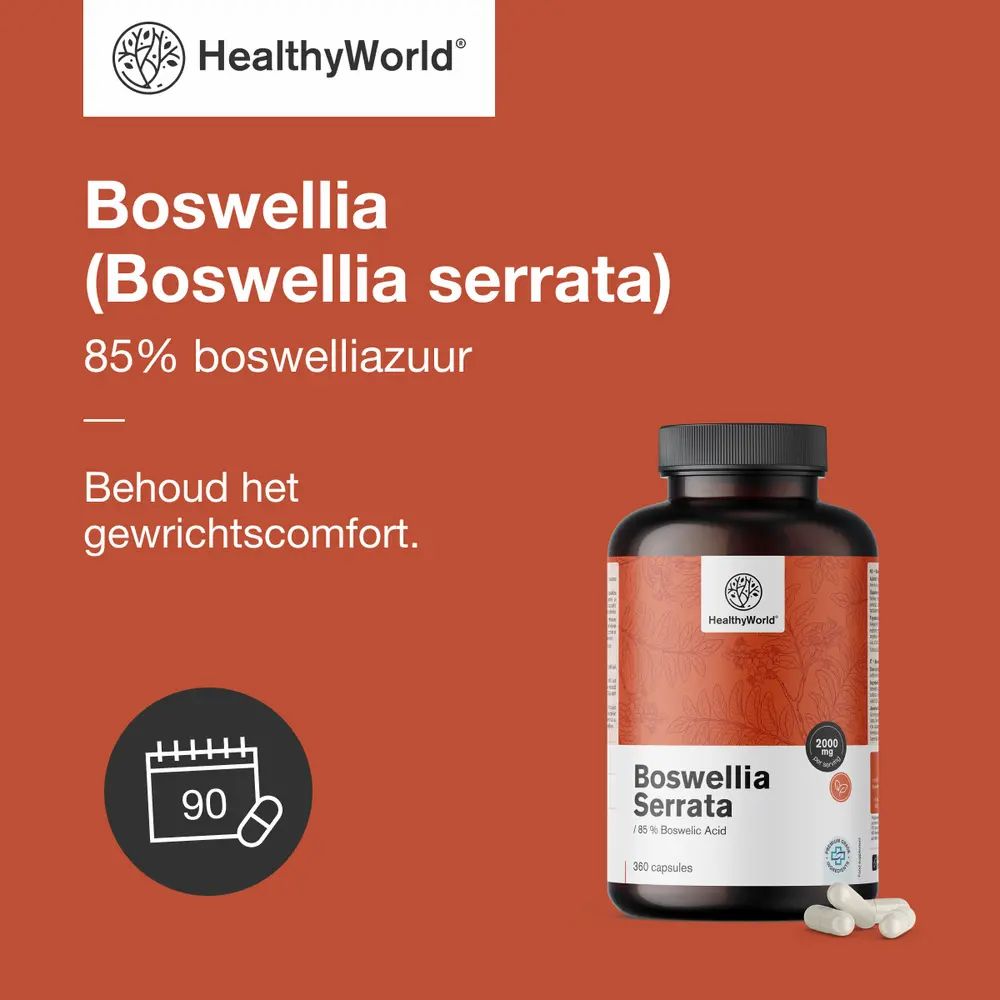 Productfles met capsules. Tekst: Boswellia (Boswellia serrata), 85% boswelliazuur. Merk: HealthyWorld.