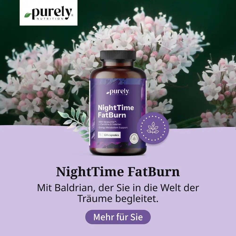 Pot Purely NightTime FatBurn voor bloeiende valeriaan. Tekst: "Met valeriaan, die u begeleidt naar de wereld van dromen."