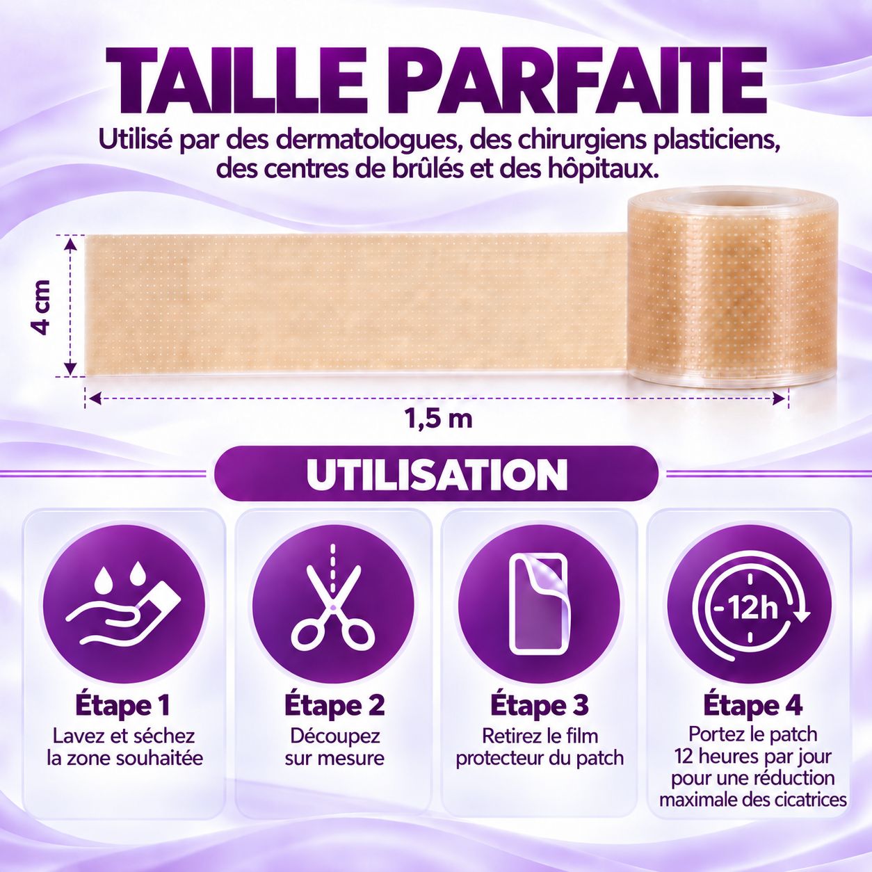 Rouleau de pansement Leiqier, 4cm x 1,5m. Dimensions et étapes d'application.
