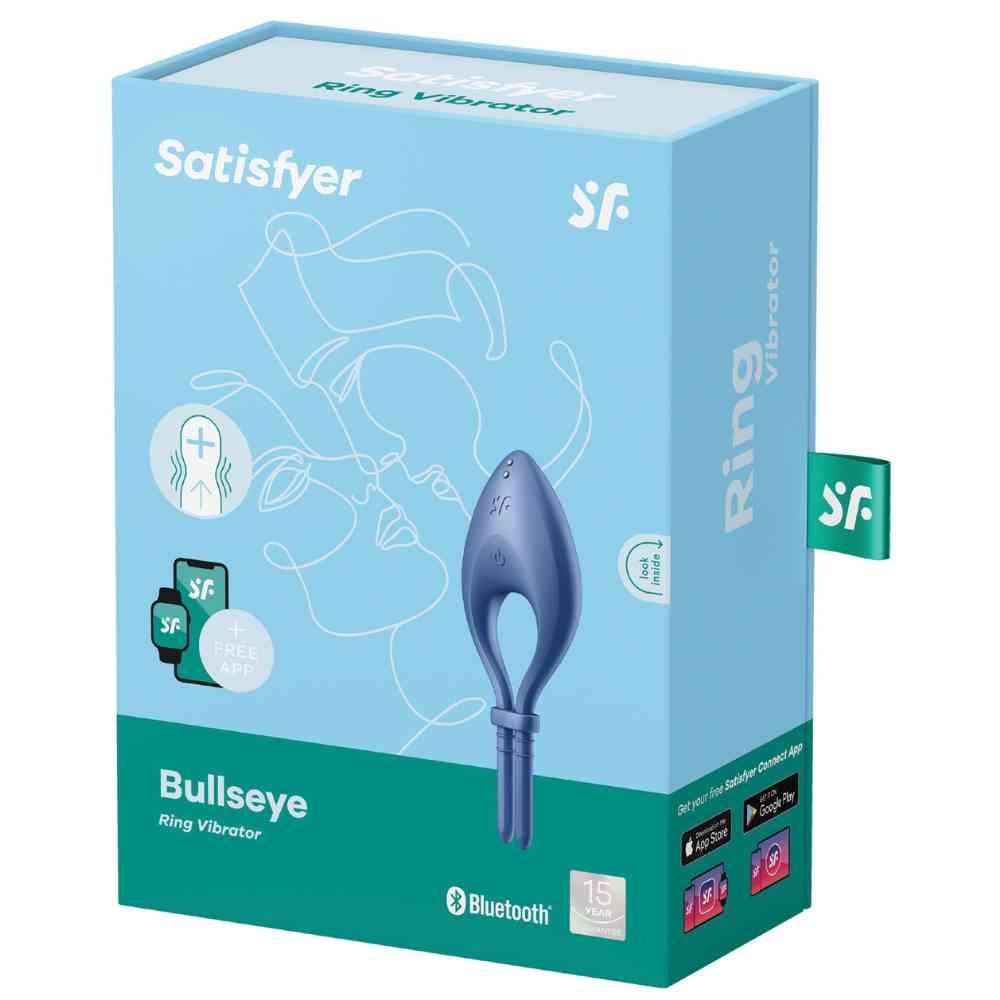 Emballage du Satisfyer Bullseye Ring Vibrator bleu avec illustration du produit et logo.