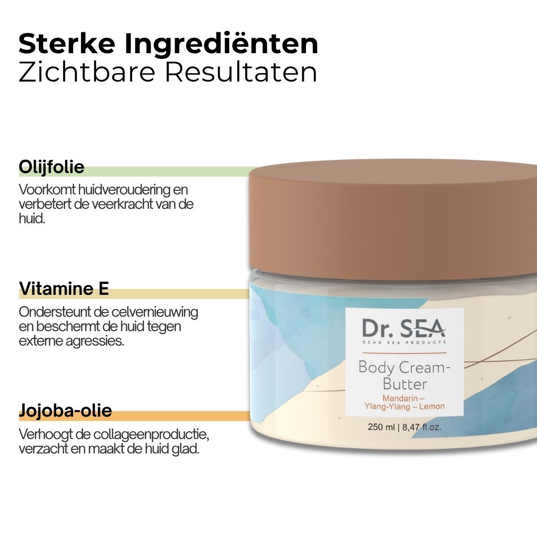 Crème-boterpot met deksel. Opschrift: Dr. SEA, Body Cream-Butter, Mandarijn, Ylang-Ylang, Citroen. 250 ml.