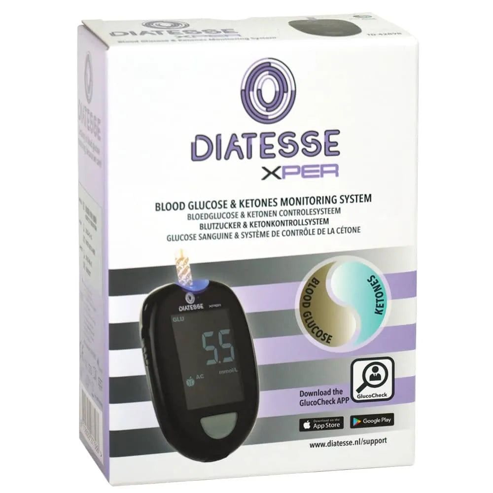 Diatesse XPER bloedglucosemeter starterset: meter, teststrips, prikpen. Weergave voor bloedglucose en ketonen.