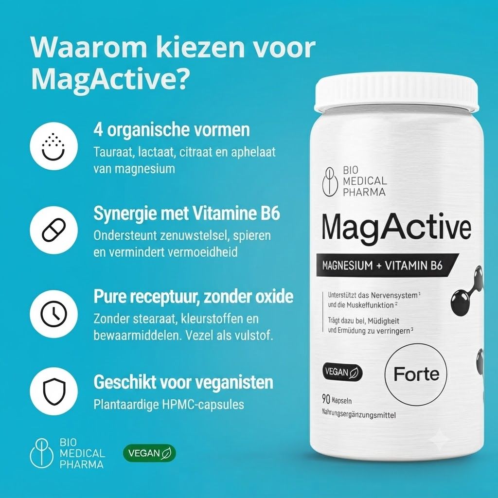 Fles MagActive Magnesium + Vitamine B6 capsules, 90 stuks, vegan.
