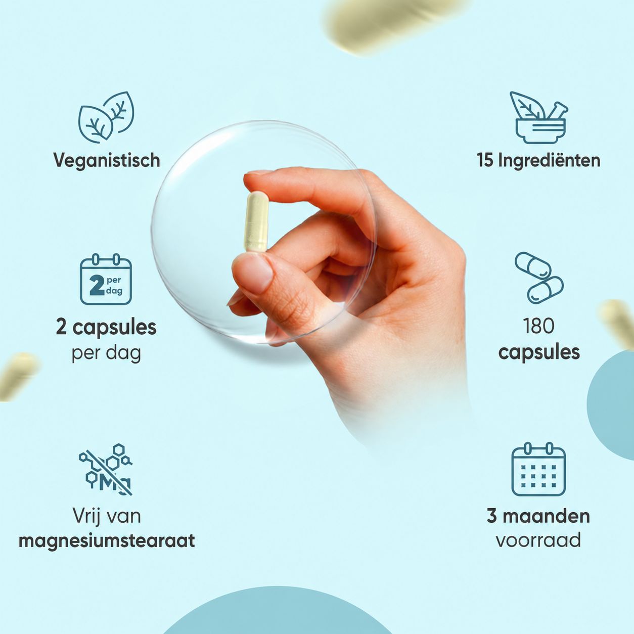 Een hand houdt een capsule vast. Informatie: 15 ingrediënten, 180 capsules, 3 maanden voorraad, 2 capsules per dag, veganistisch en vrij van magnesiumstearaat.