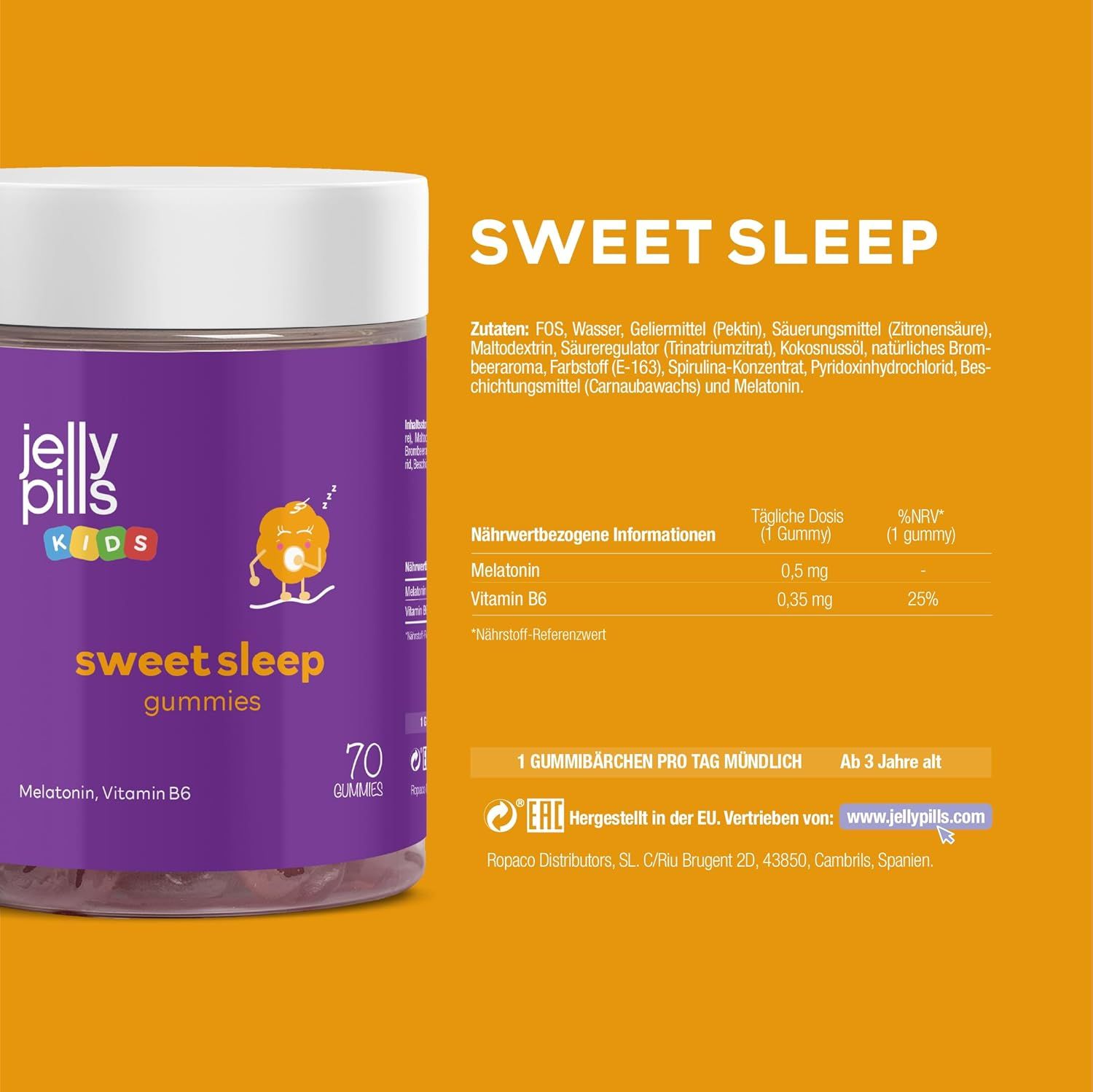 Un pot de Jelly Pills Sweet Sleep Kinder Gummies et une bouteille blanche vide.