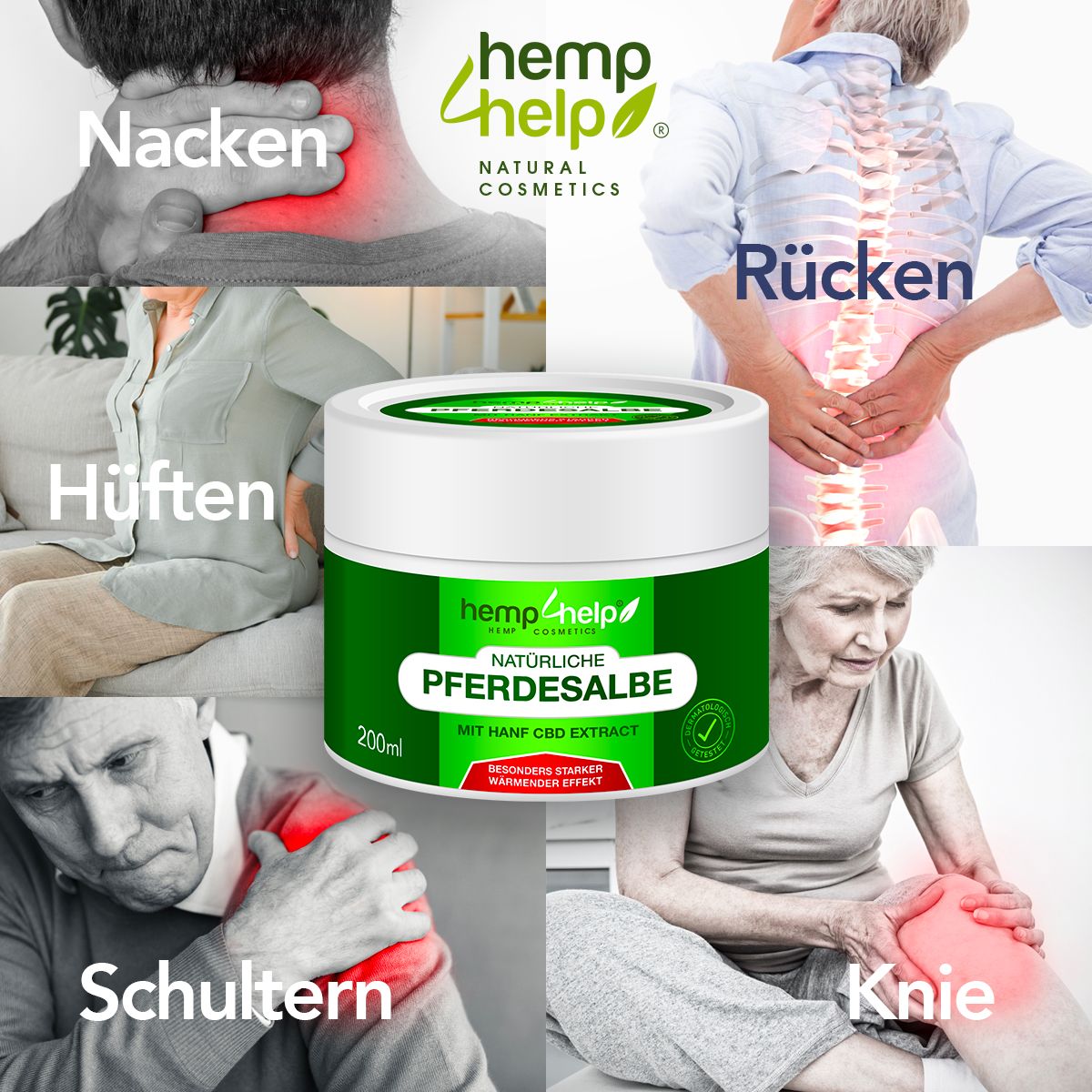 Crèmepot met tekst: Pferdesalbe. Pijngebieden: nek, rug, heupen, schouders, knieën. Merk: hemp help.