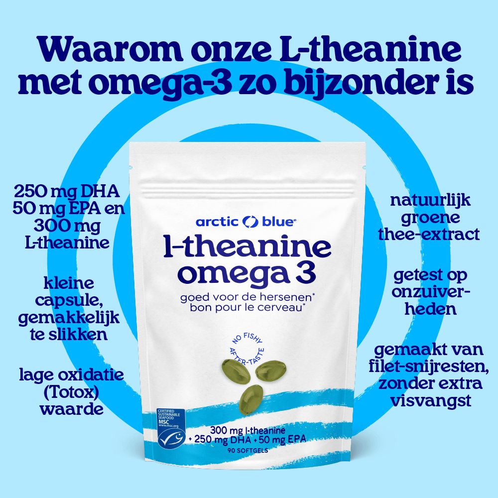 Verpakking Arctic Blue L-Theanine Omega-3 met details over ingrediënten en capsulegrootte.