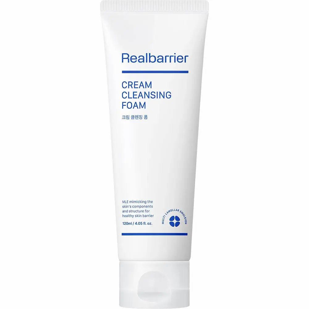 Witte tube met blauwe tekst. Opschrift: Realbarrier, CREAM CLEANSING FOAM. Onderaan: 120ml/4.06 fl. oz.