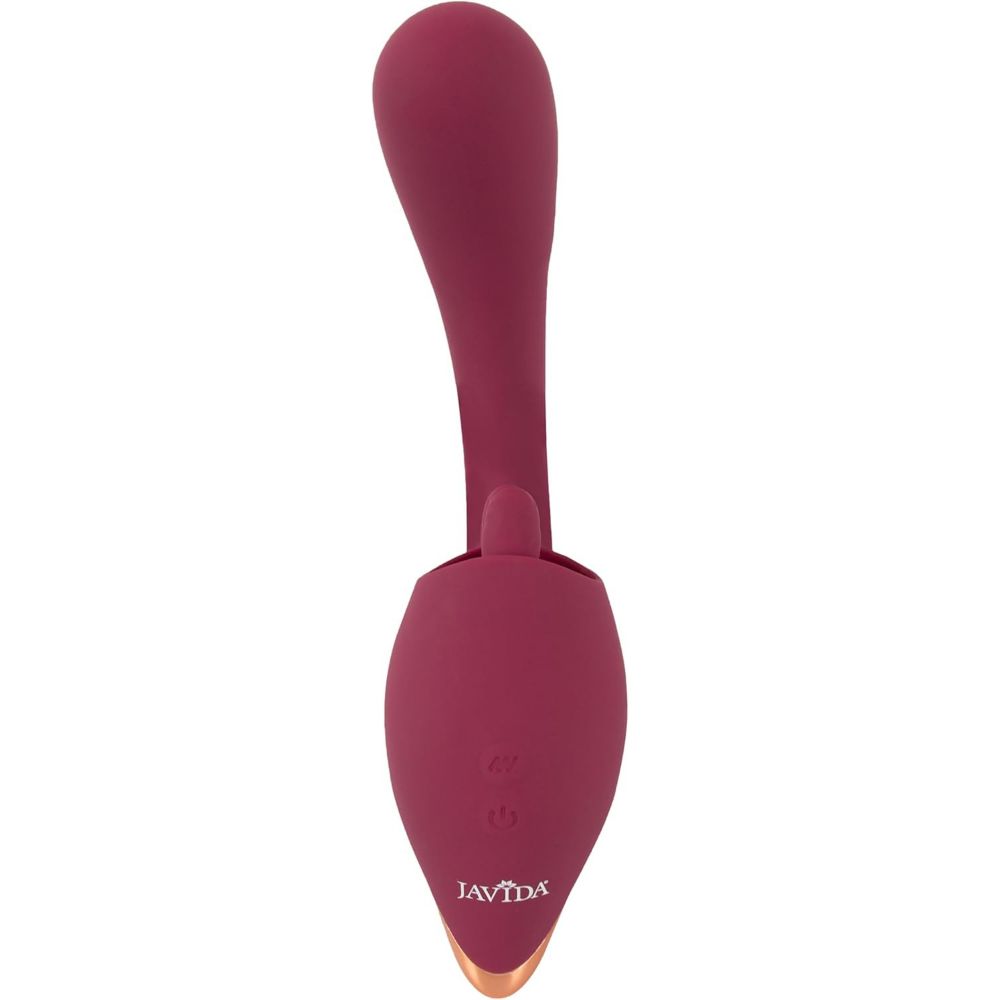 Close-up van de stimulatoren van een paarse vibrator, in een huls en in beweging.
