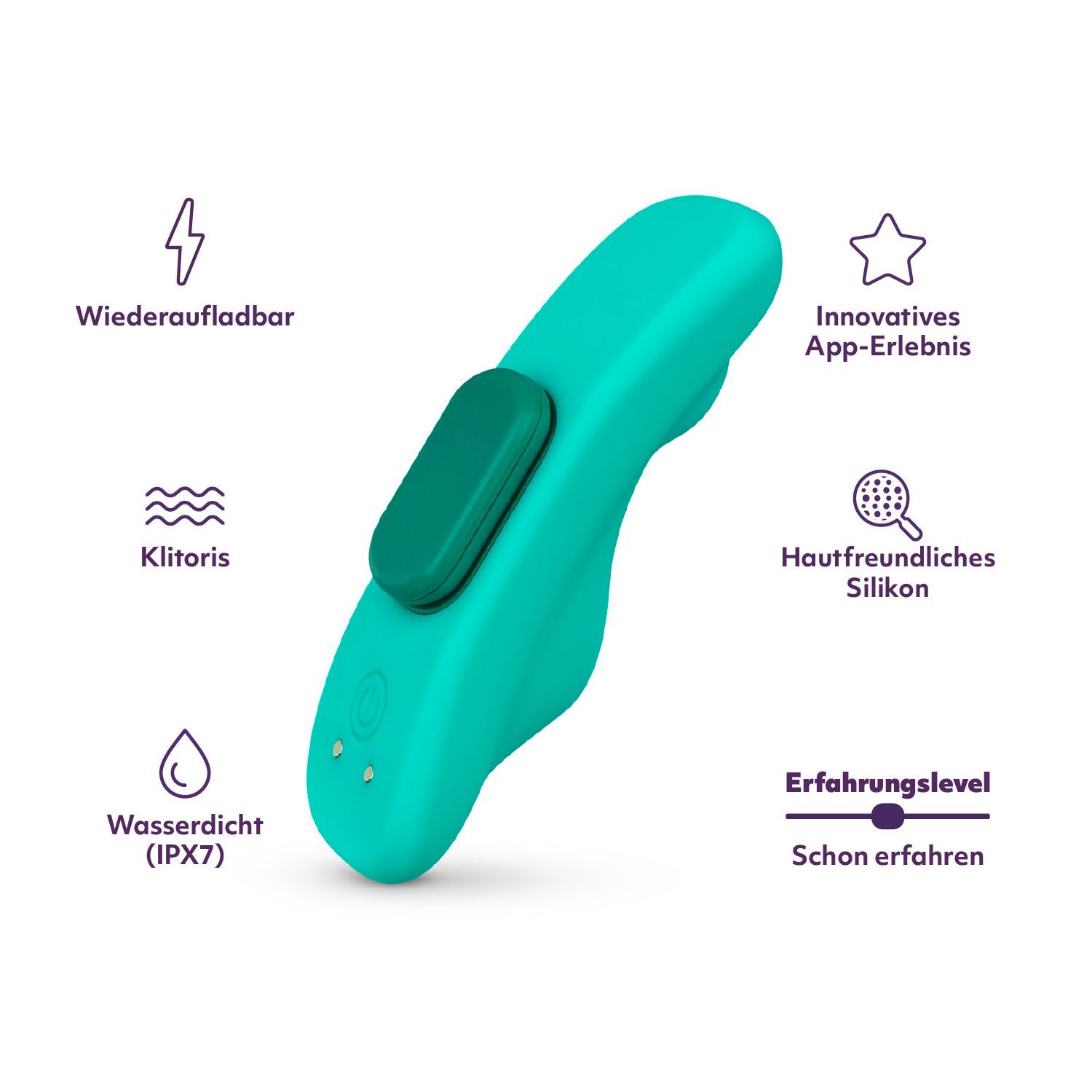 Produit de bien-être turquoise avec bouton vert. Inscriptions: rechargeable, clitoris, étanche (IPX7), expérience app, silicone doux.