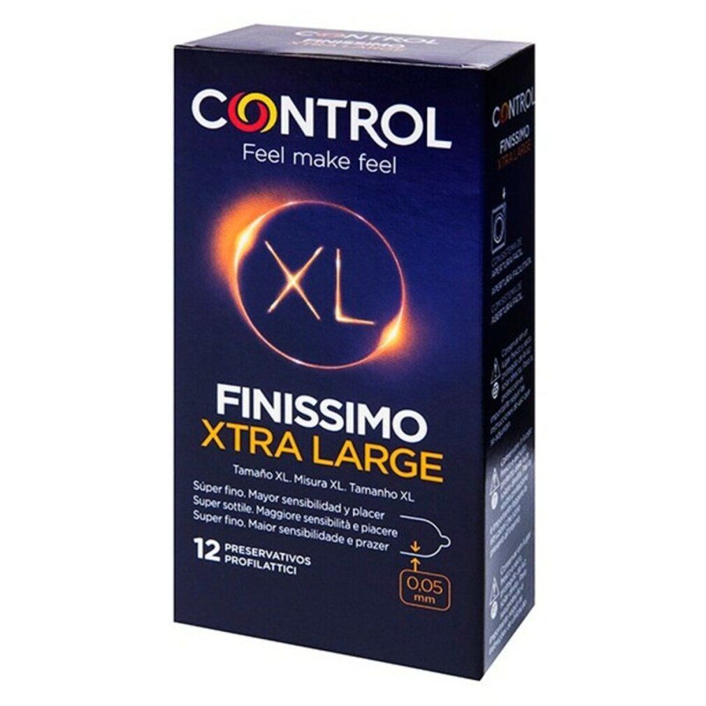 Emballage de préservatifs CONTROL FINISSIMO XTRA LARGE. Contient 12 unités. Marque XL et marquage CE.