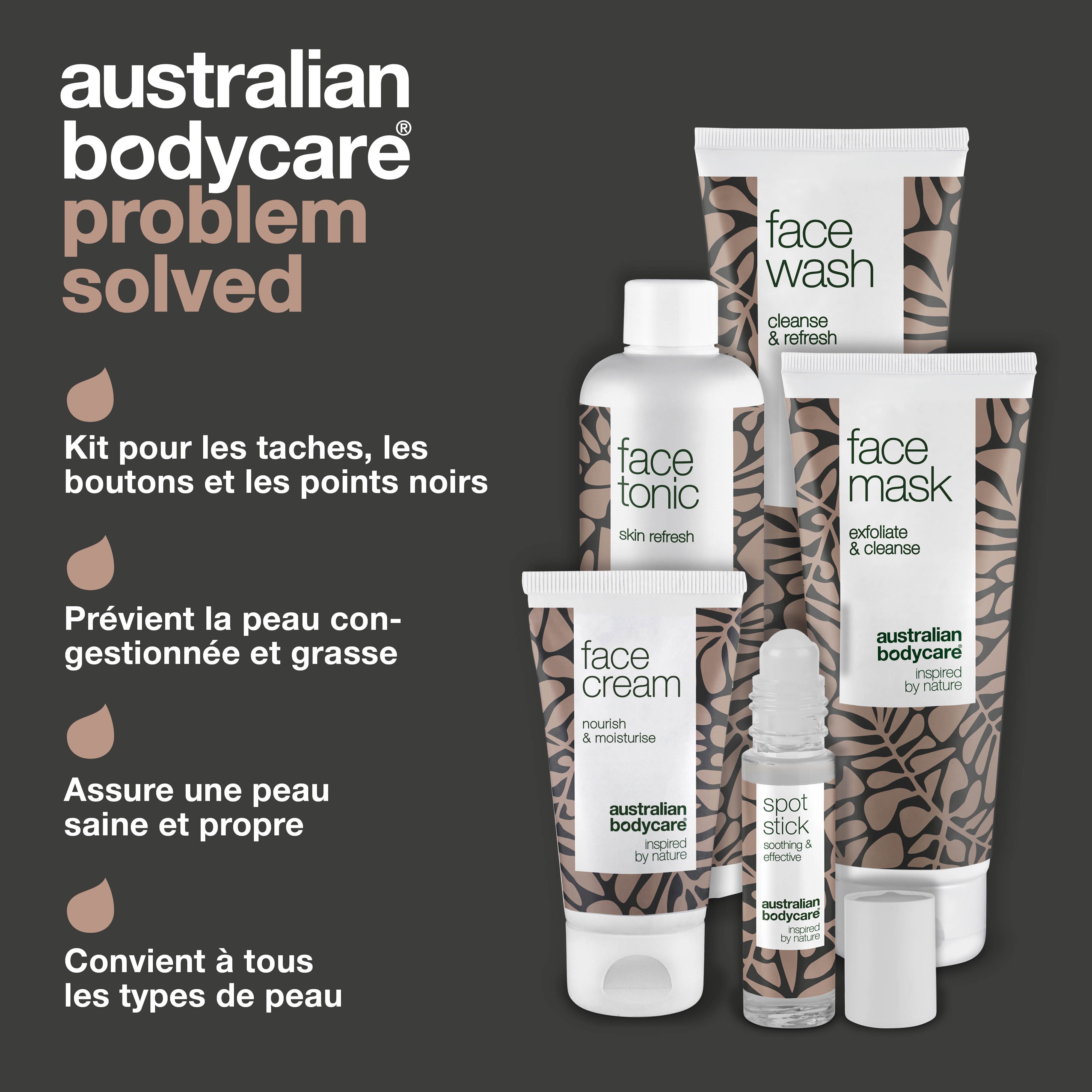 Ensemble de soins du visage. Face Wash, Face Mask, Face Cream, Face Tonic et Spot Stick. Texte : Problème résolu.