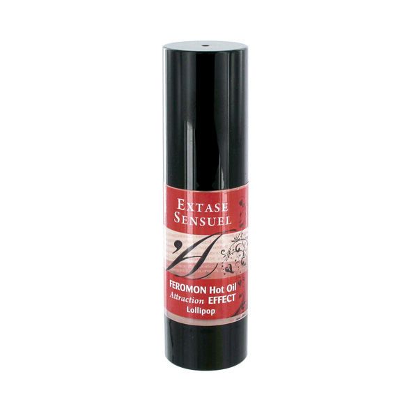 Flacon noir avec étiquette rouge : Extase Sensuel, Feronon Hot Oil, Attraction Effect, Lollipop.