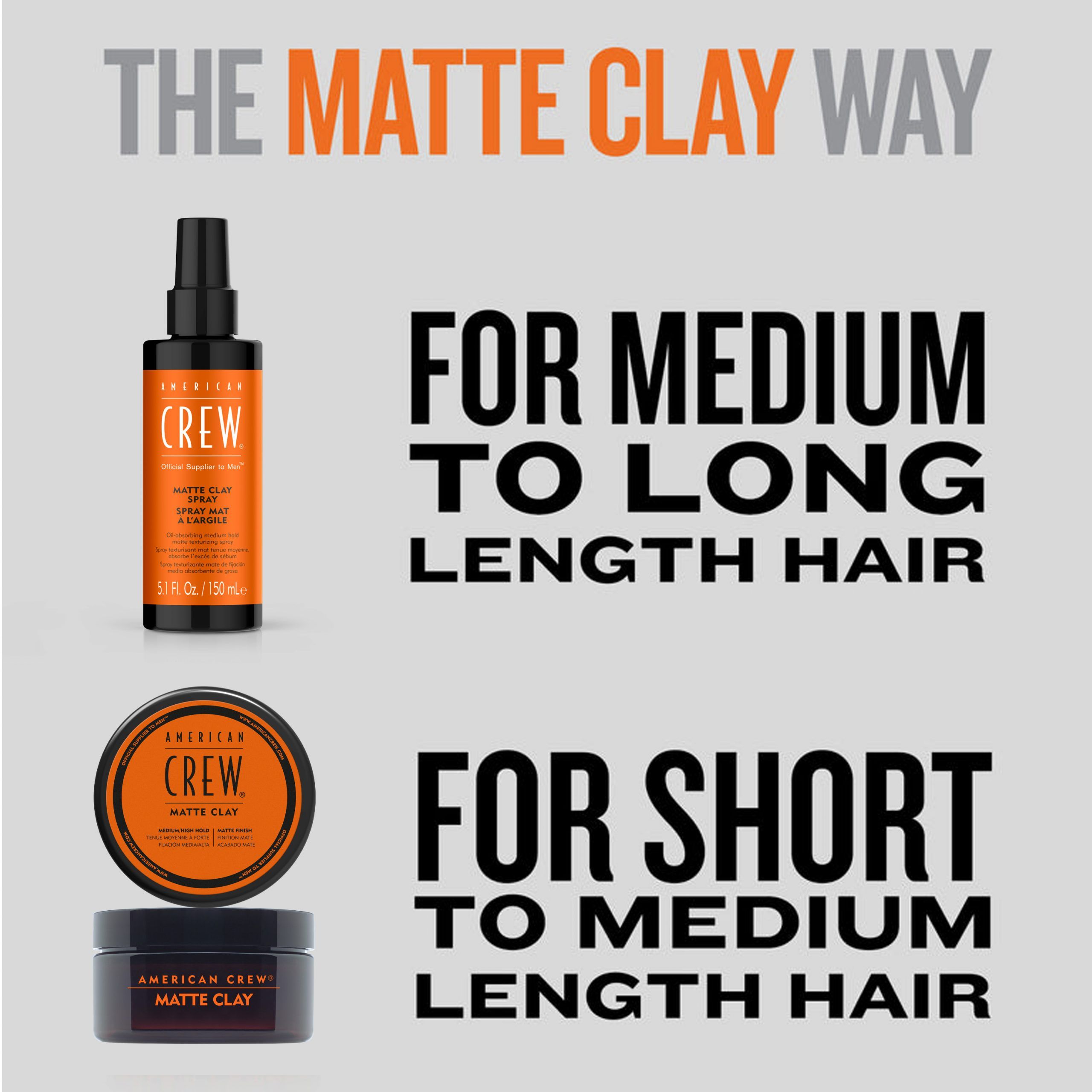 MATTE CLAY SPRAY en Creme Clay. Tekst: Voor middellang haar. Voor kort tot middellang haar.