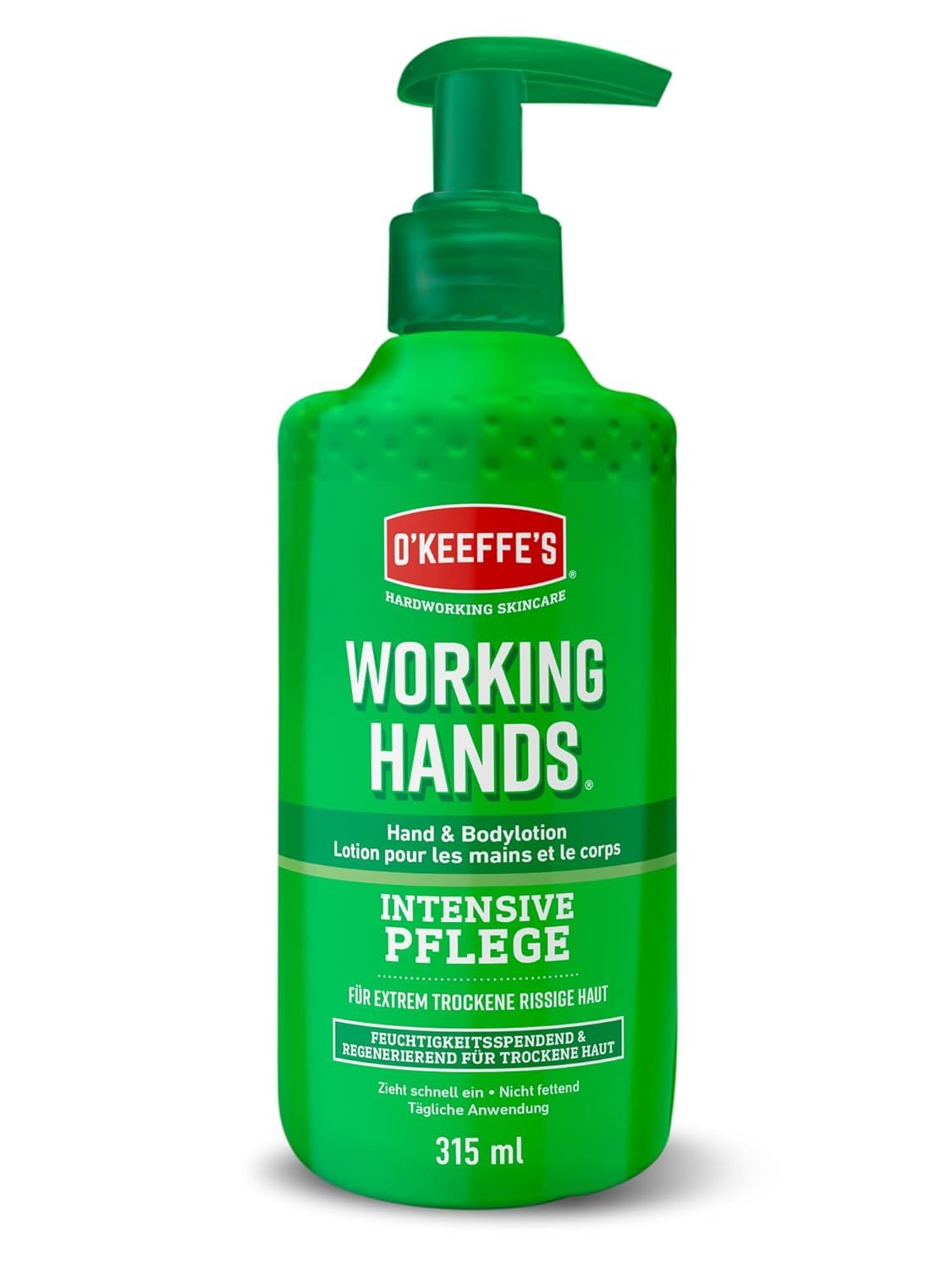 Flacon vert avec pompe. O'Keeffe's Working Hands Hand & Bodylotion. Texte: Soin intensif pour peaux très sèches et gercées. 315 ml.